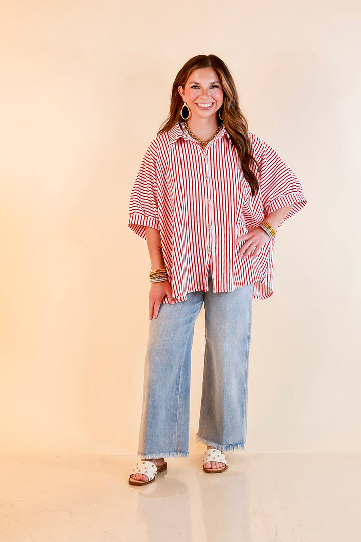 Effortlessly Aligned Button Down Collared Top with Vertical Ivory Stripe Detail in Red