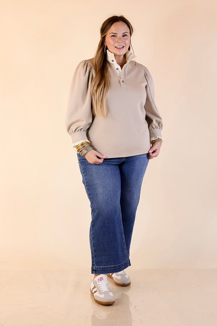 Refined Edge Puff 3/4 Sleeve Top with Collar Detailing in Sand