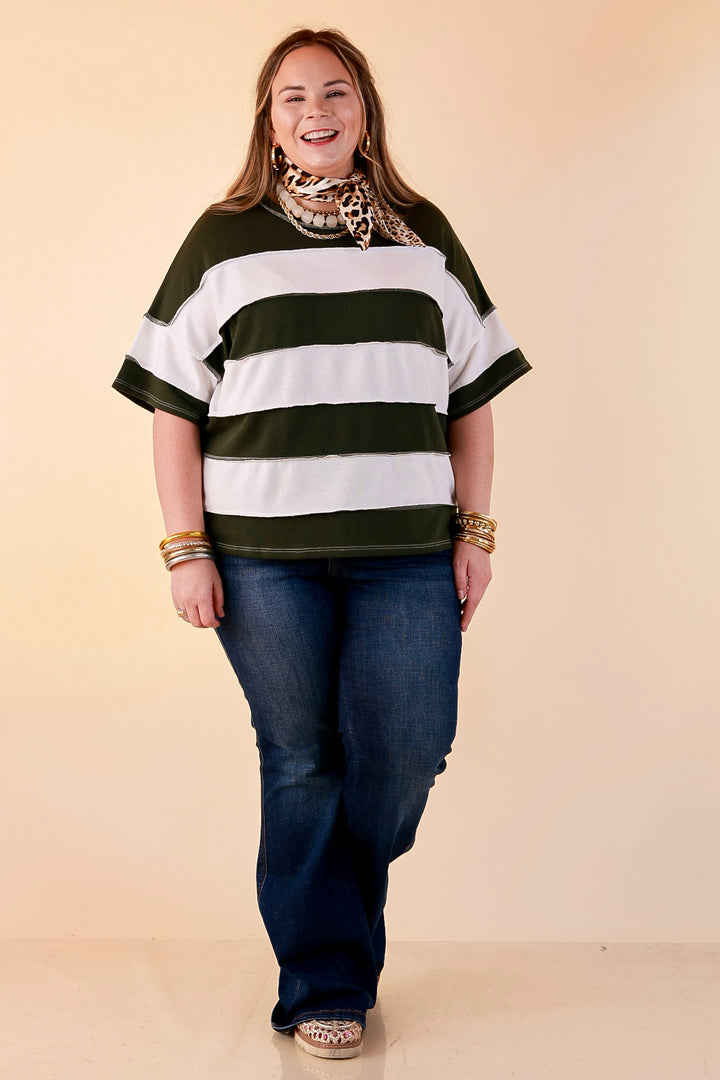 Simply Styled Color Block Rugby Style Relaxed Short Sleeve Top in Olive Green