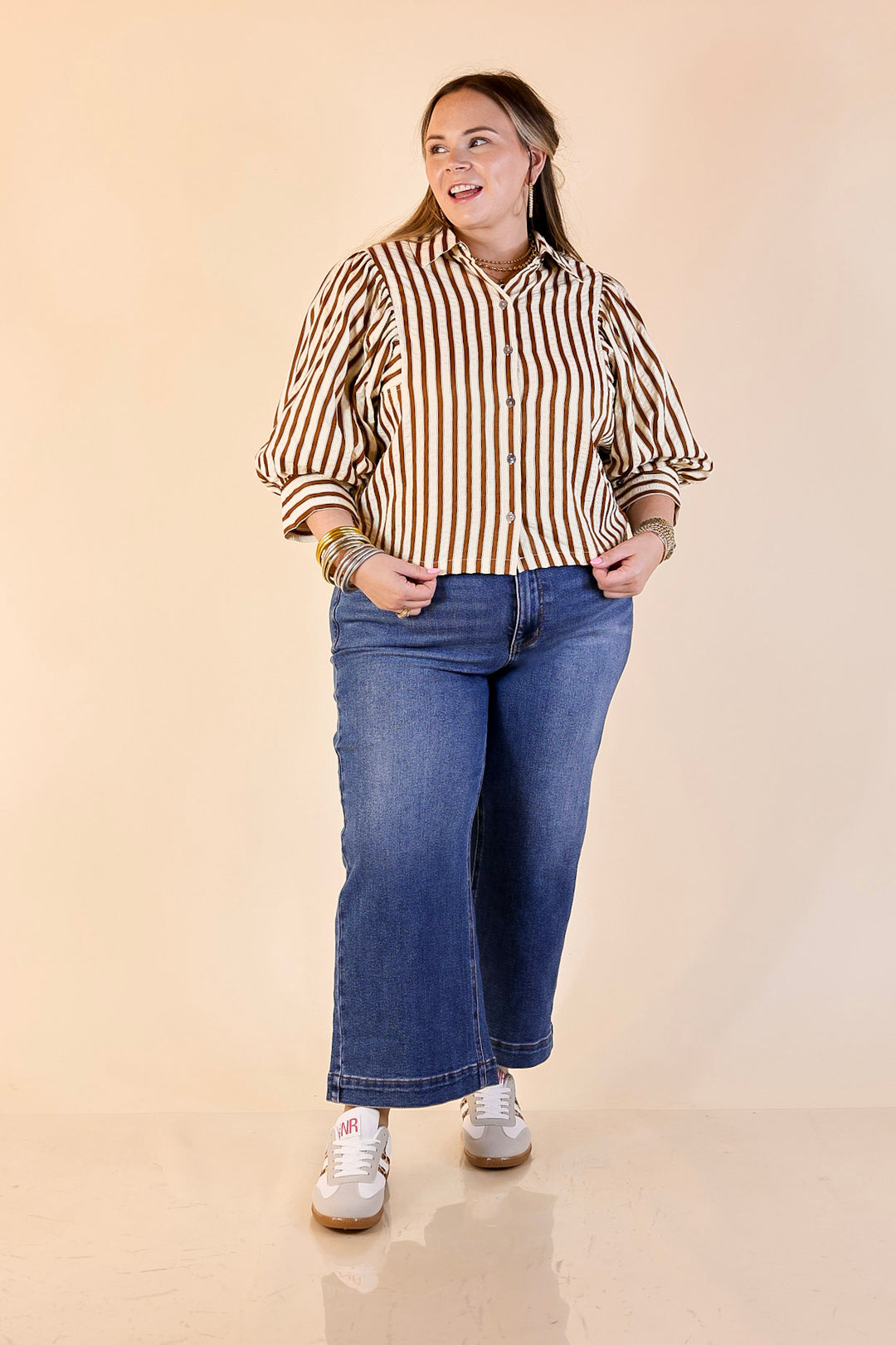 The Bold Type Striped Long Sleeve Button-Up Top in White with Chocolate Brown Stripes