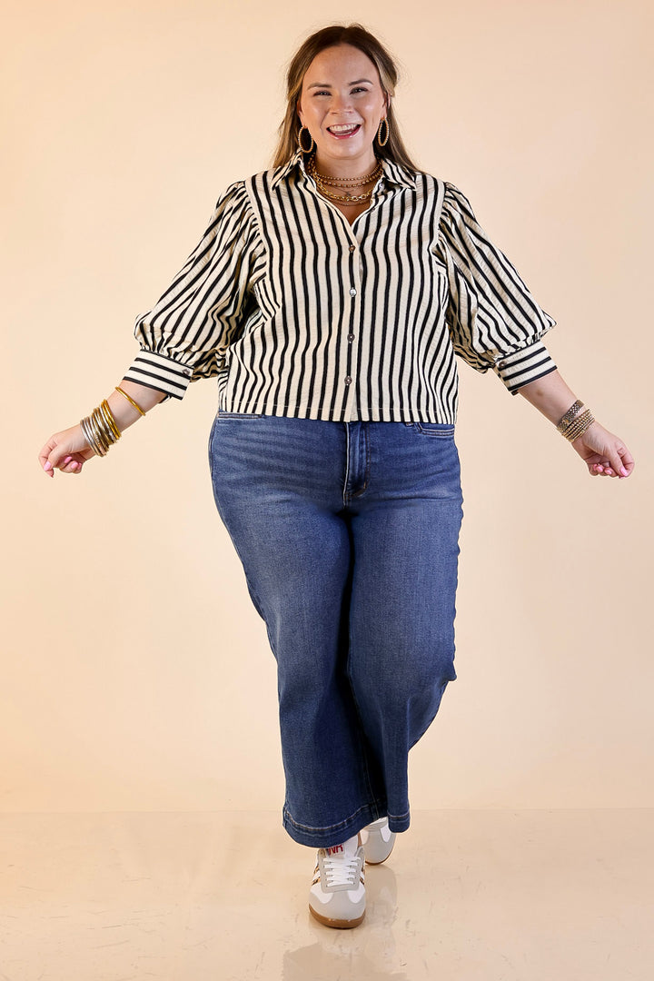 The Bold Type Striped Long Sleeve Button-Up Top in White with Black Stripes