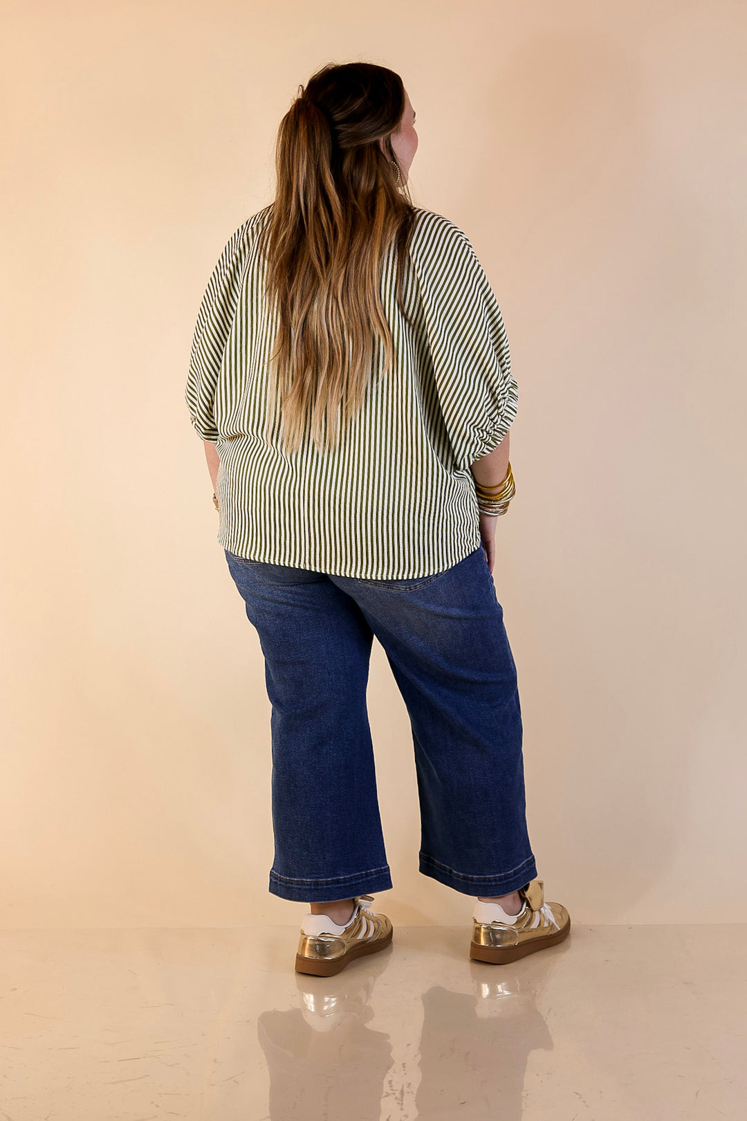 Naturally Stylish Striped Poncho Top in Olive Green