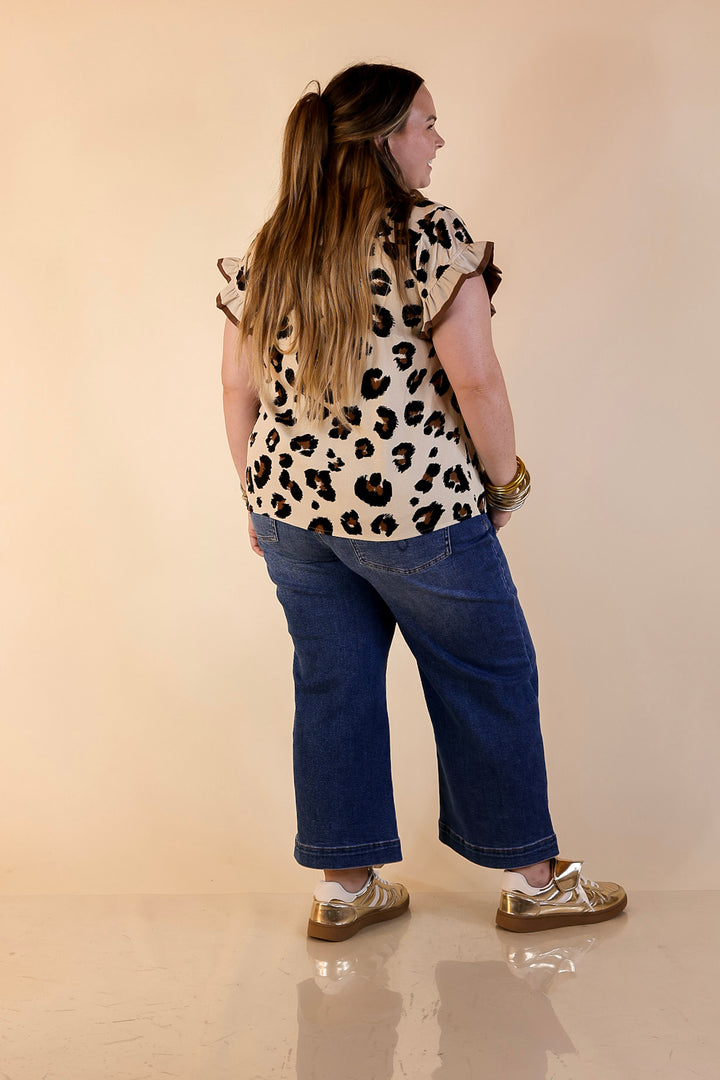 Natural Charm Leopard Print Button Up Ruffle Sleeve Top in Taupe