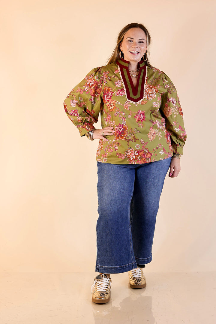 Autumn Allure Floral Long Sleeve Top with Contrast Trim in Olive Green
