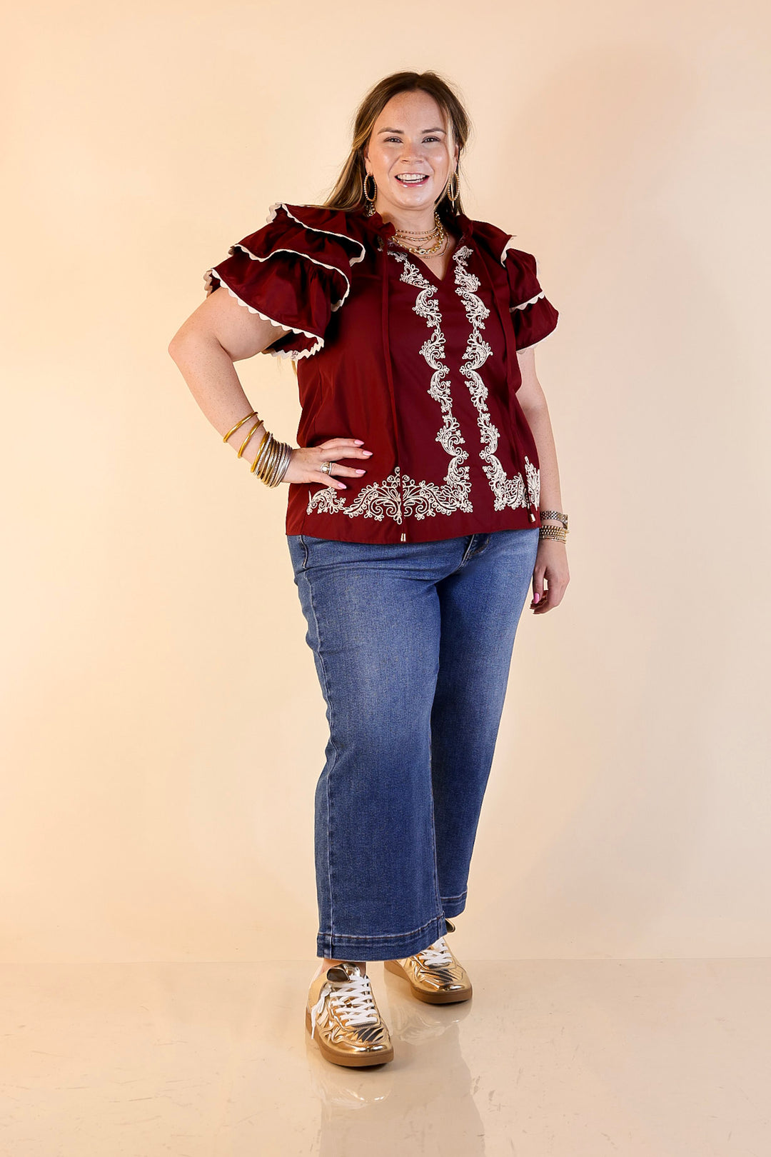 Graceful Details Embroidered Short Sleeve Top with Layered Flutter Sleeves in Maroon