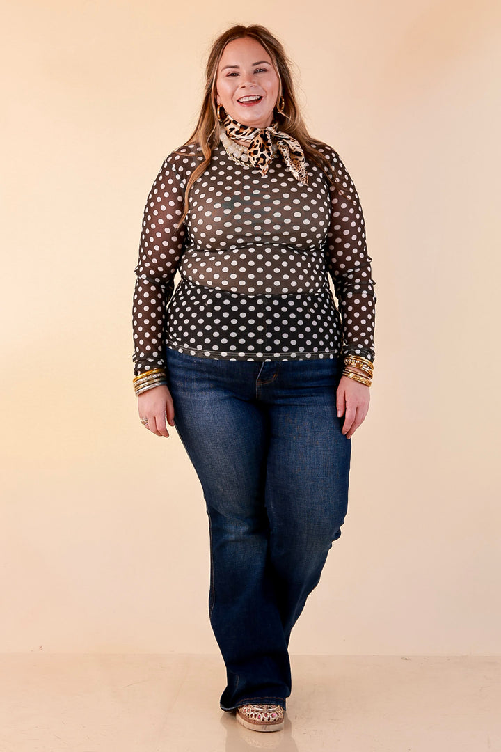 The Perfect Layer White Polka Dot Print Sheer Mesh Long Sleeve Top in Olive Green