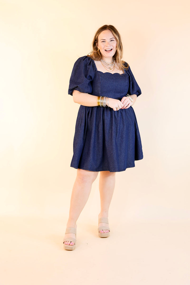 Southern Belle Short Puff Sleeve Denim Dress with Scalloped Square Neckline in Dark Wash