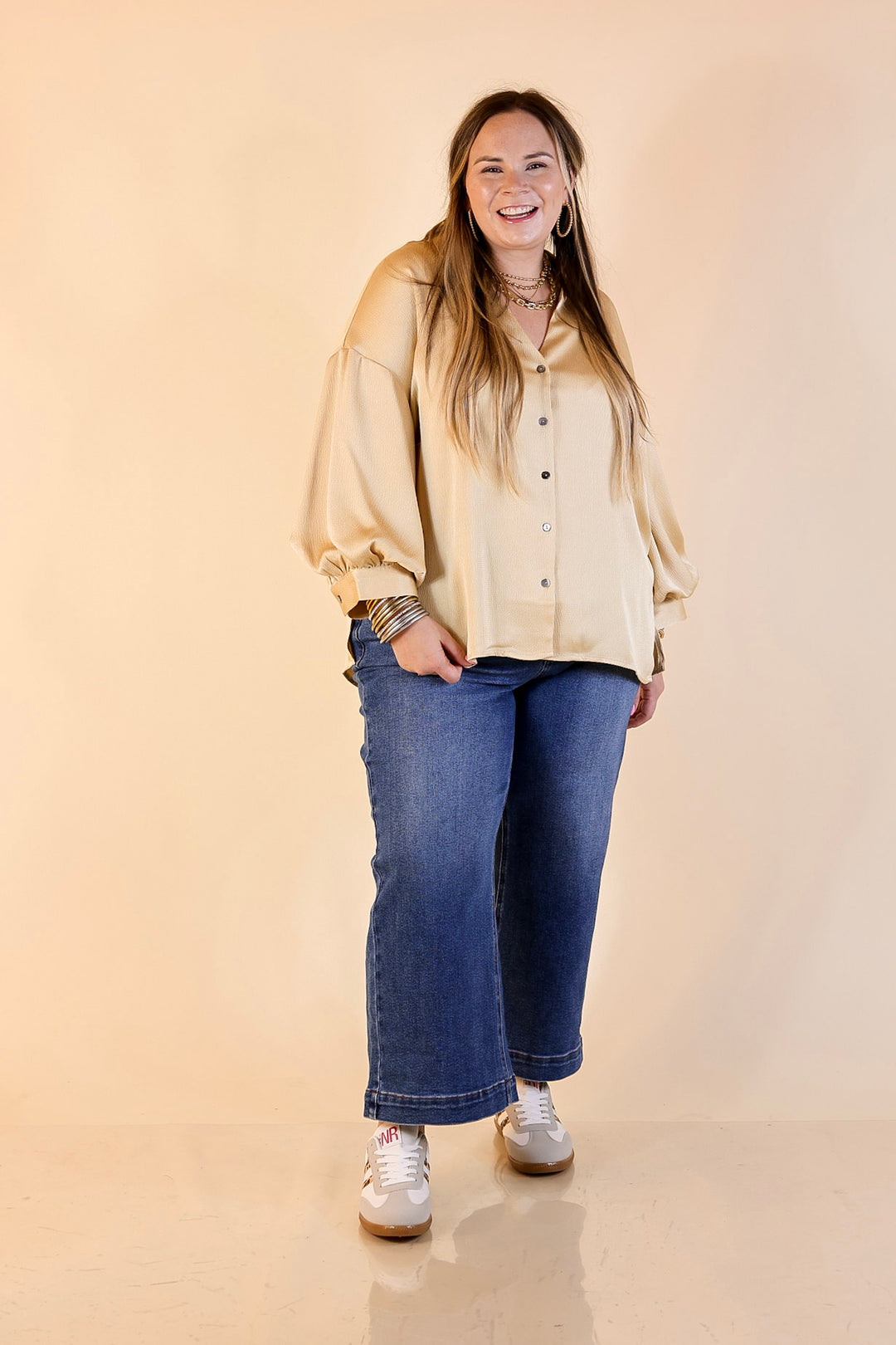 Sweet Notion Button Up 3/4 Balloon Sleeve Top in Gold