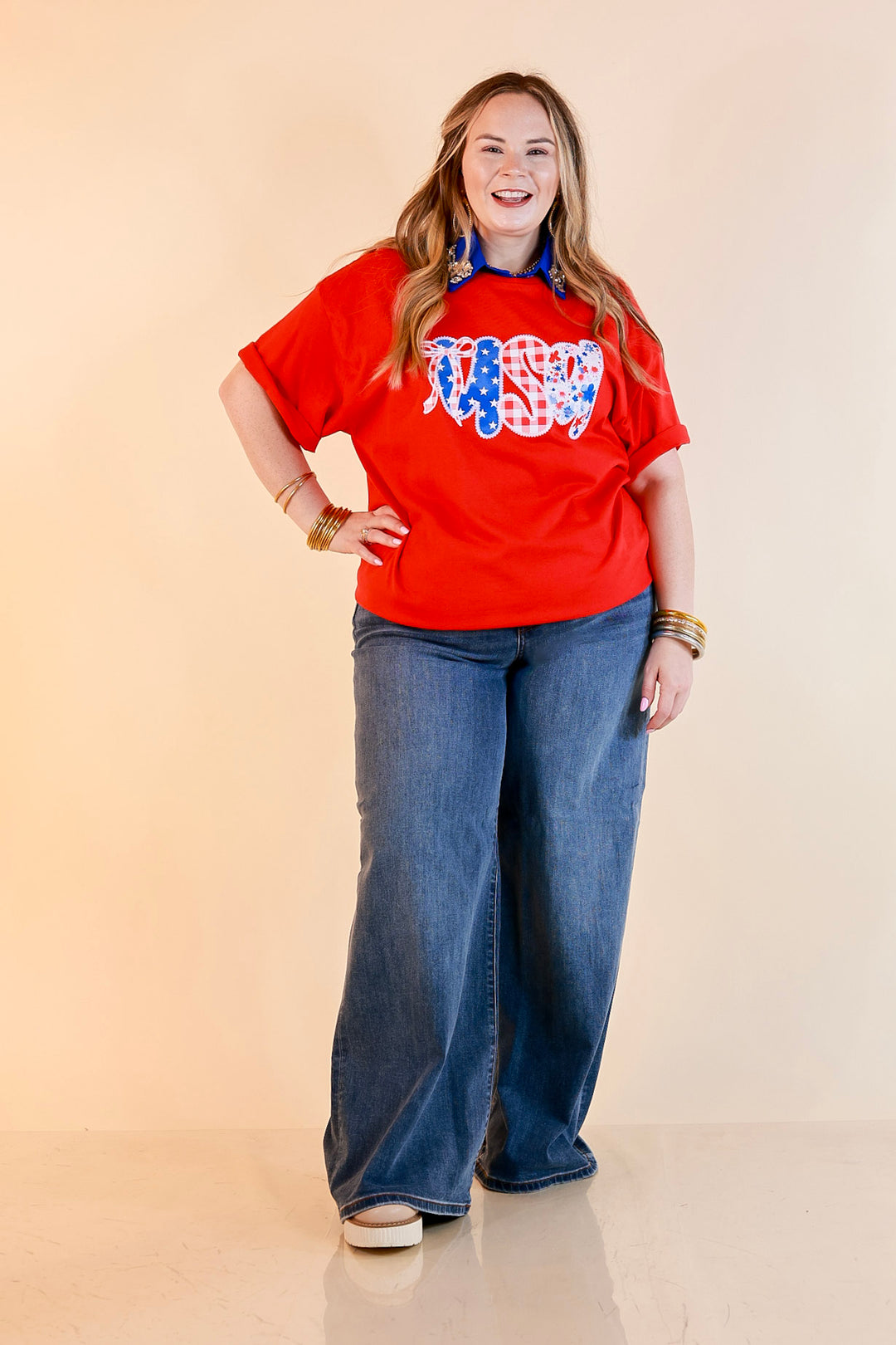 Sweet Land of Style USA Coquette Short Sleeve Graphic Tee with Bow Detailing in Red