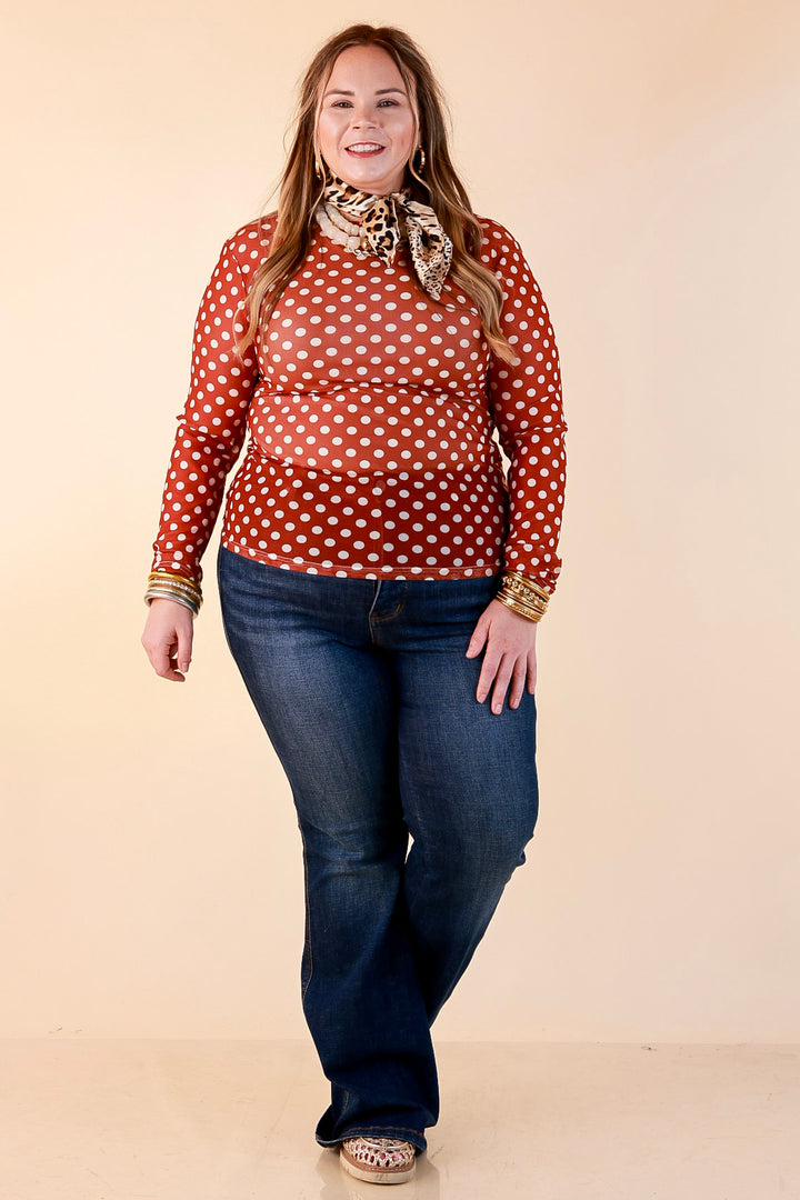 The Perfect Layer White Polka Dot Print Sheer Mesh Long Sleeve Top in Rust Orange