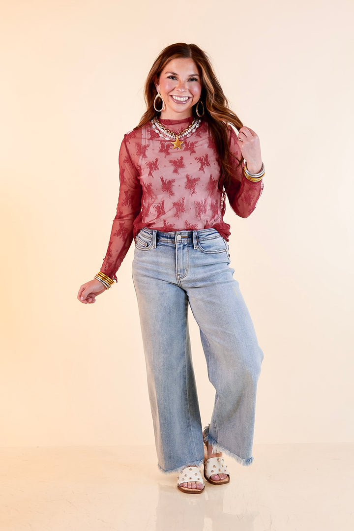 Delicate Charm Long Sleeve Sheer Lace Top with Mock Neck in Maroon