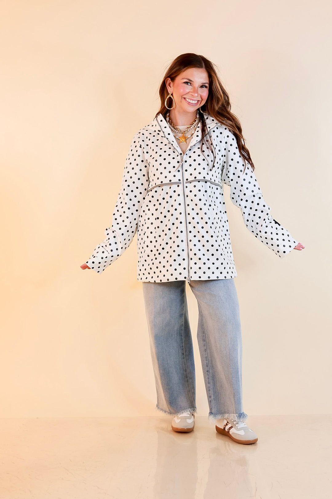 Lulu Mac | Chic Forecast Black Polka Dot Hooded Rain Jacket in Ivory