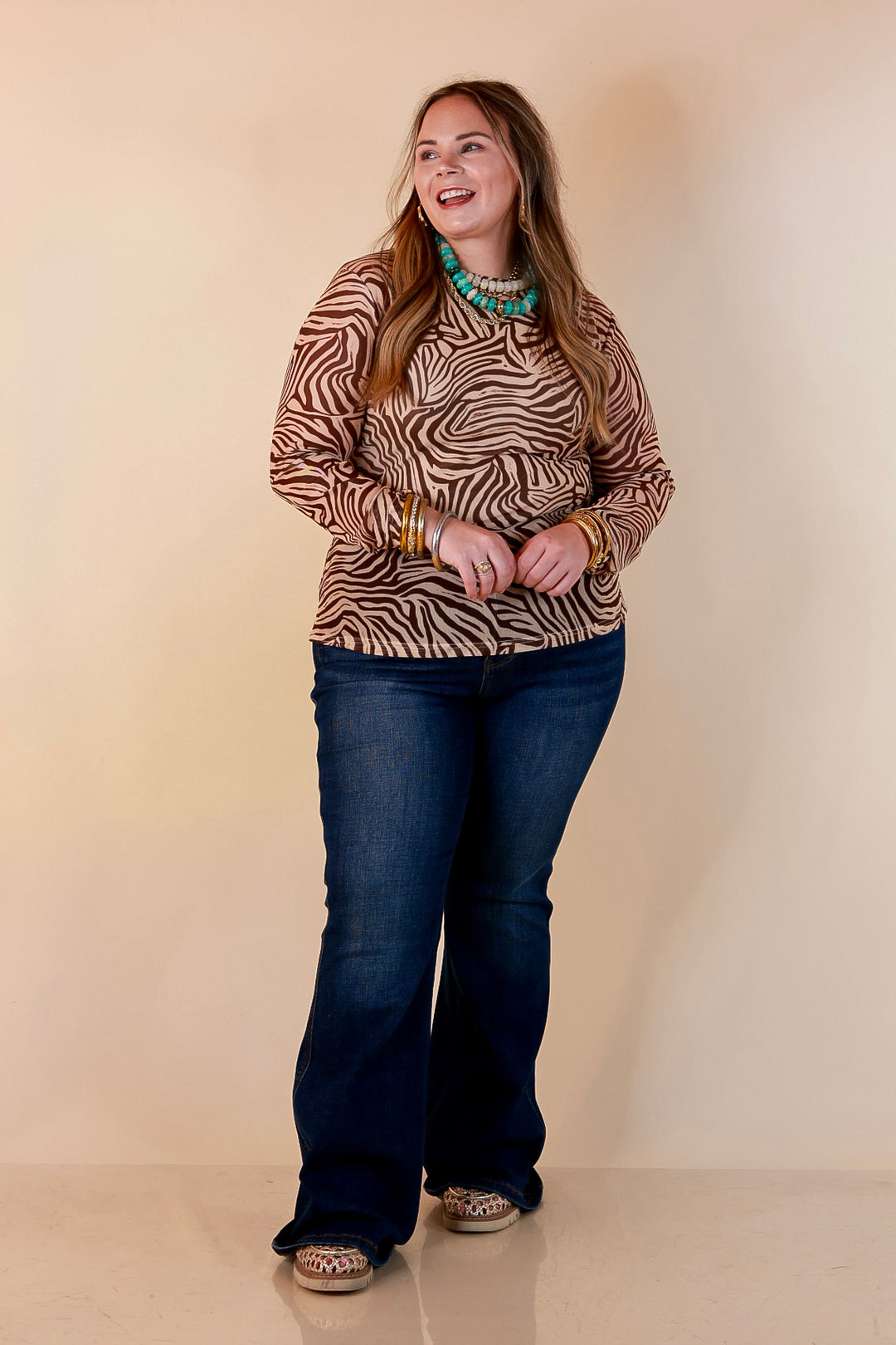 The Perfect Layer Zebra Print Sheer Mesh Long Sleeve Top in Chocolate Brown and Ivory
