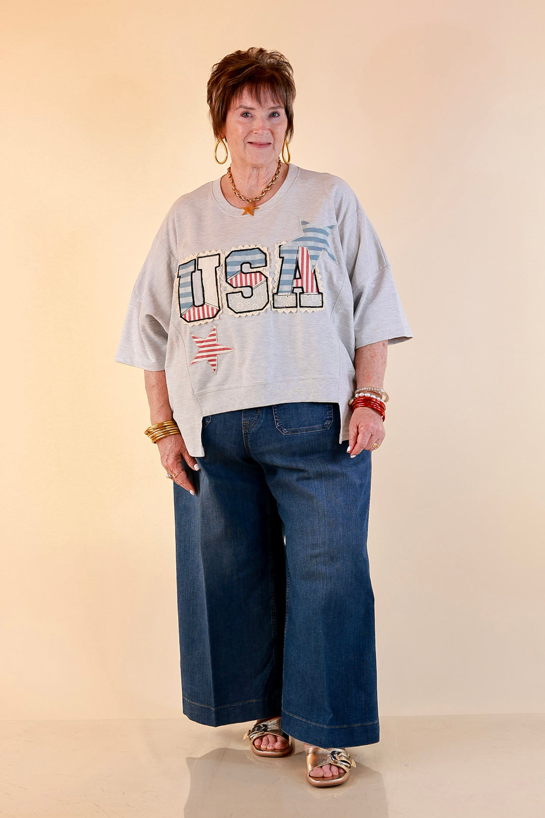 Simply Southern | All American Charm Lace Trim USA Patchwork Split Hem Graphic Tee in Heather Grey