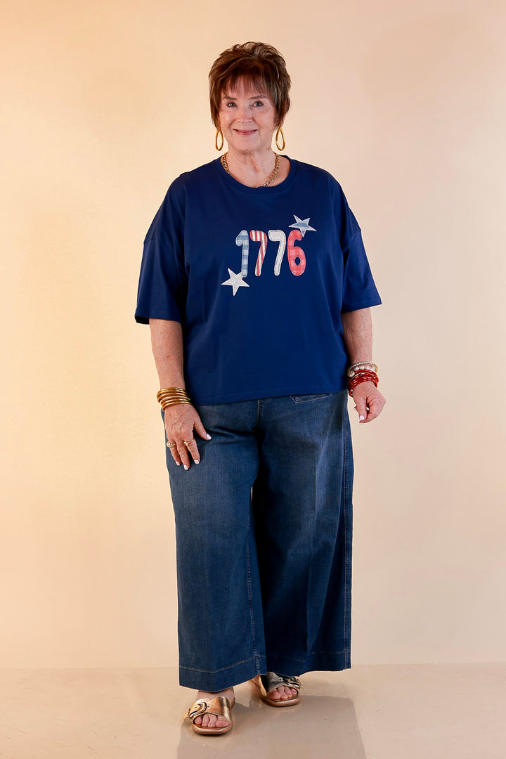 Simply Southern | American It Girl Short Sleeve Graphic Tee with 1776 Applique in Navy Blue