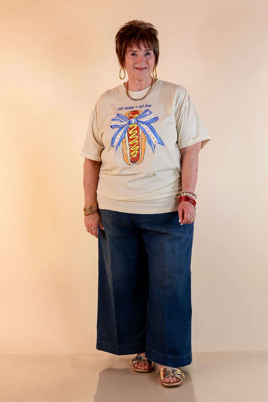 Simply Southern | Star Spangled Snack Graphic T-Shirt with Hot Dog Bow Design in Ivory