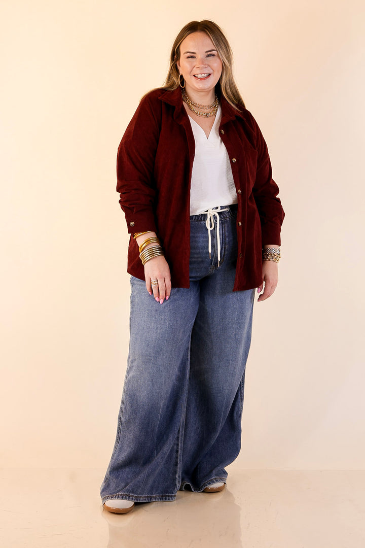 Captivating Cuteness Corduroy Button Up Shacket in Maroon