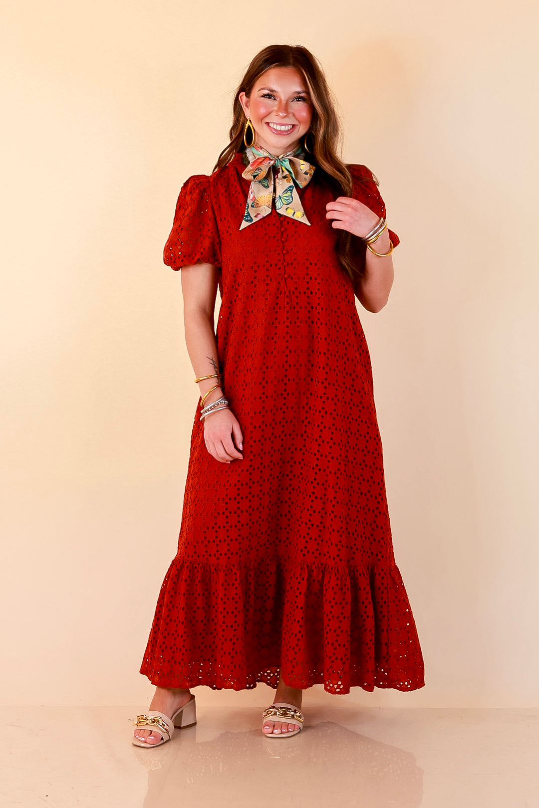 Meet Me at Sunset Eyelet Lace Puff Sleeve Tiered Maxi Dress in Rust Red