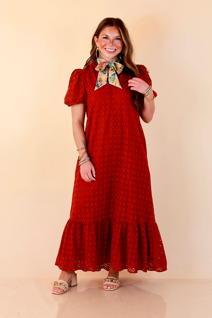 Meet Me at Sunset Eyelet Lace Puff Sleeve Tiered Maxi Dress in Rust Red