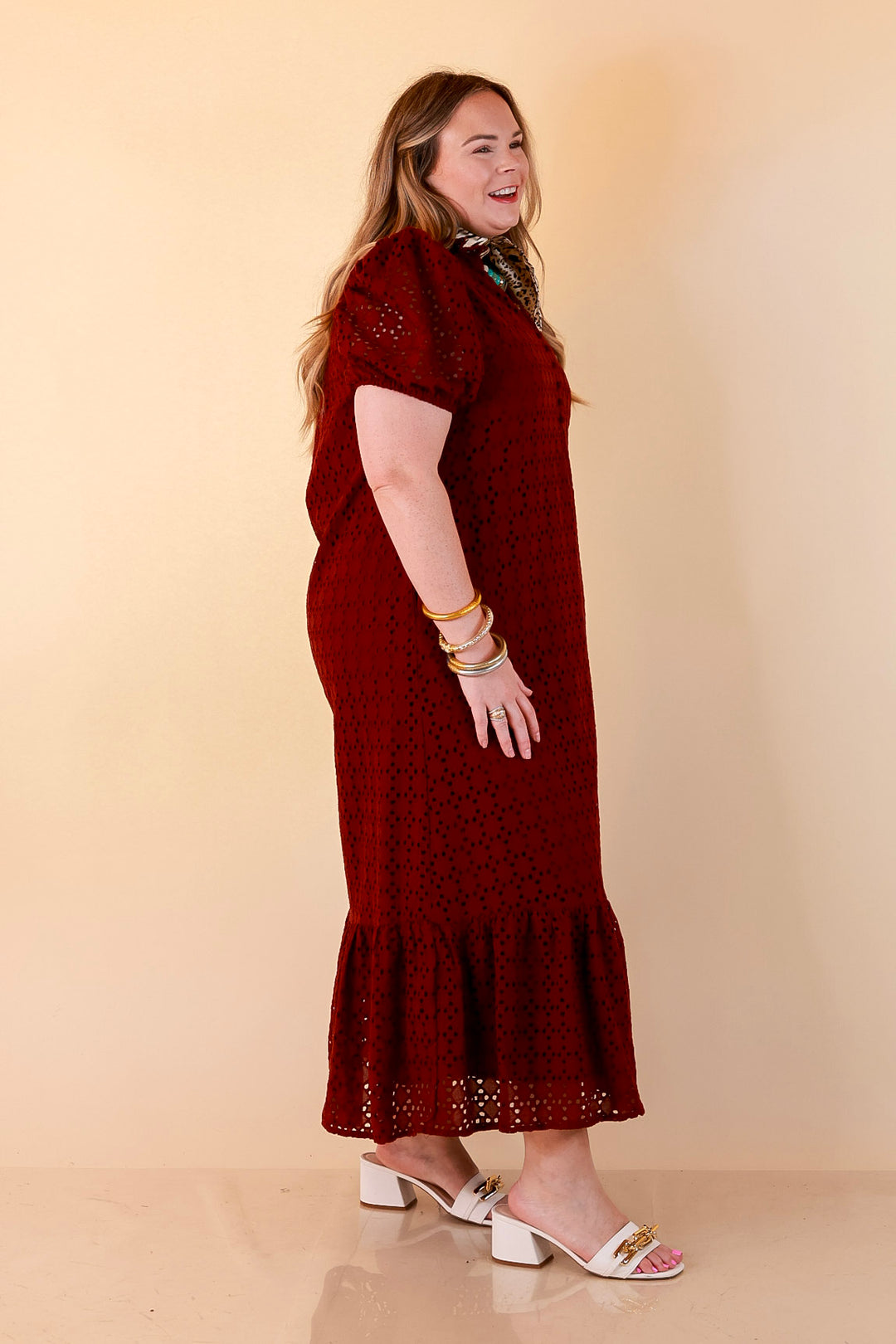 Meet Me at Sunset Eyelet Lace Puff Sleeve Tiered Maxi Dress in Maroon