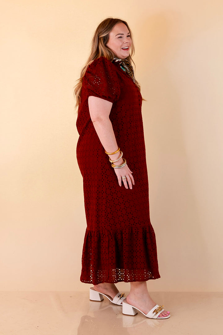Meet Me at Sunset Eyelet Lace Puff Sleeve Tiered Maxi Dress in Maroon
