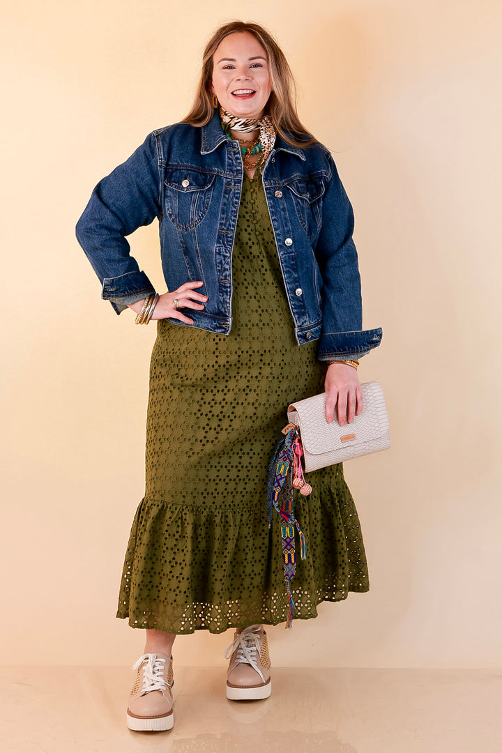 Meet Me at Sunset Eyelet Lace Puff Sleeve Tiered Maxi Dress in Olive Green