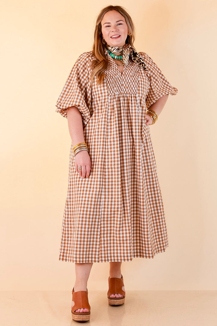 All Eyes on You Smocked Yoke Puff Sleeve Gingham Print Maxi Dress in Camel Brown and Ivory