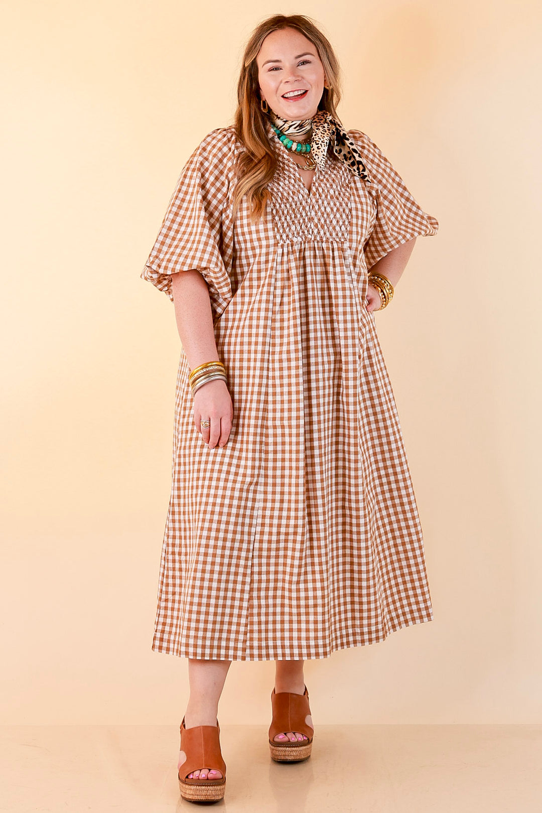 All Eyes on You Smocked Yoke Puff Sleeve Gingham Print Maxi Dress in Camel Brown and Ivory