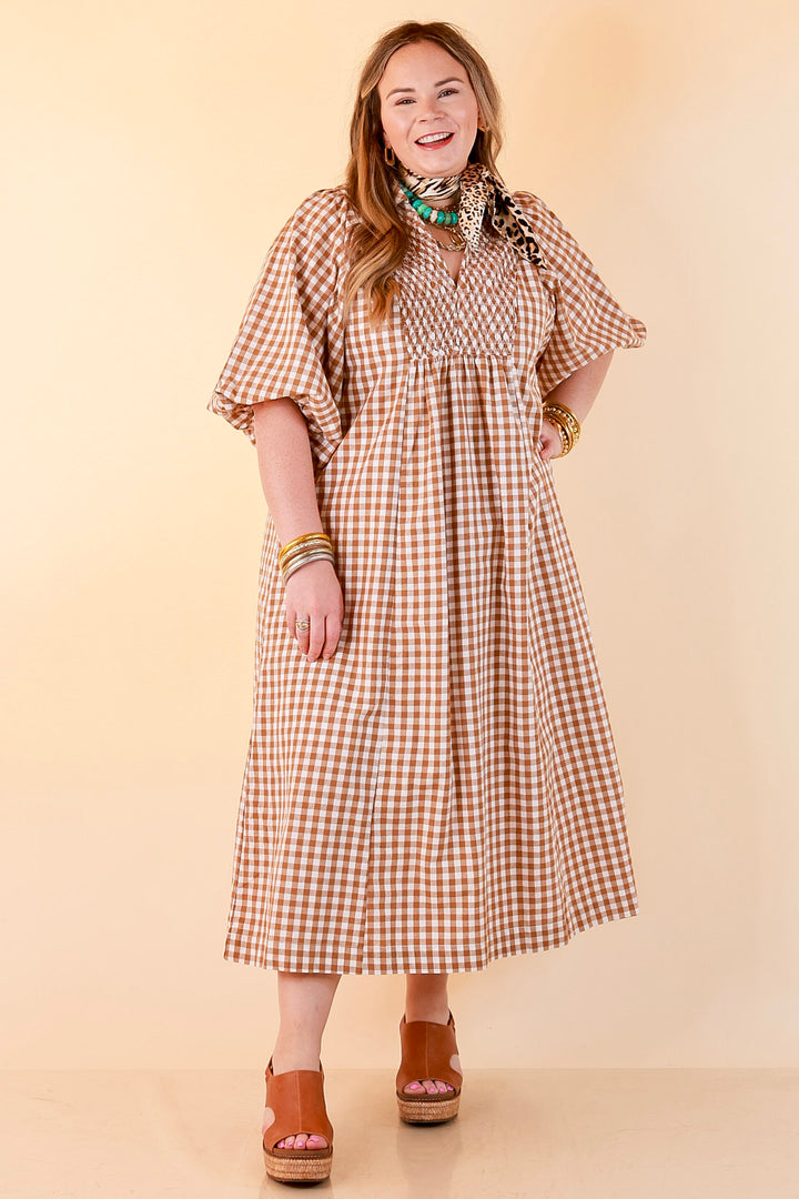 All Eyes on You Smocked Yoke Puff Sleeve Gingham Print Maxi Dress in Camel Brown and Ivory