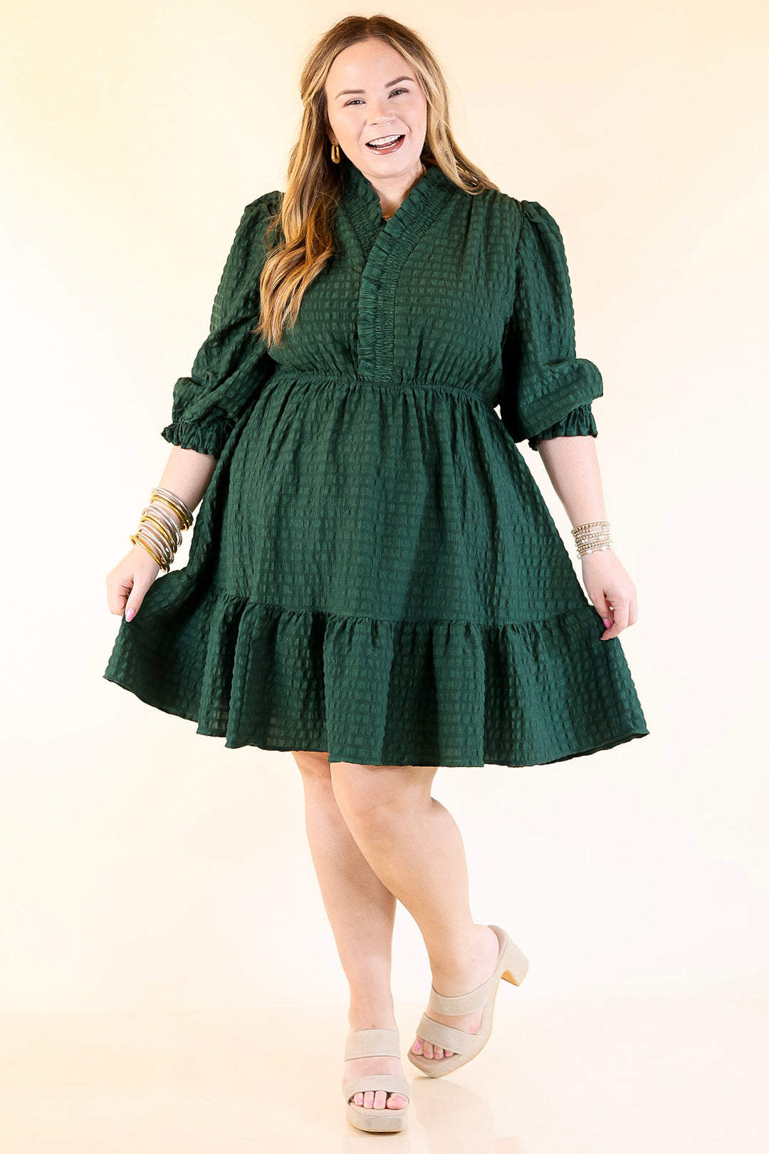 Call Me Captivating Dress with Smocked Waist and Long Sleeves Sleeves in Emerald Green
