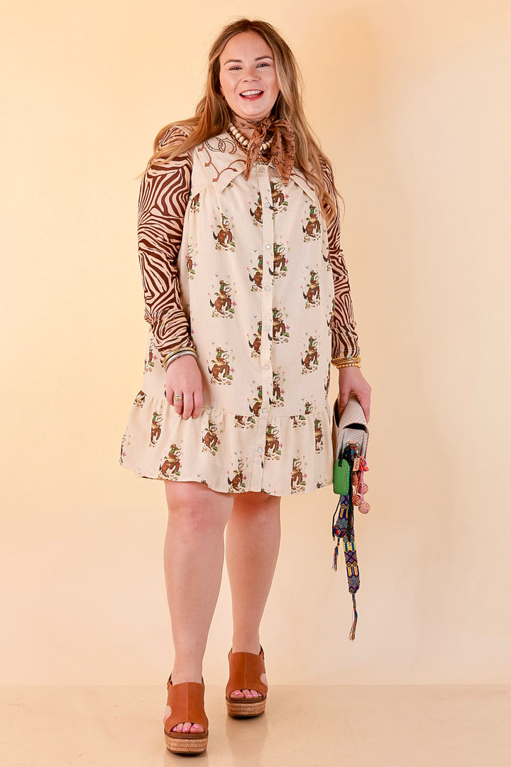 The Showstopper Sleeveless Pearl Snap Bronc Print Ruffle Dress with Sailor Collar and Horseshoe Embroidery in Cream