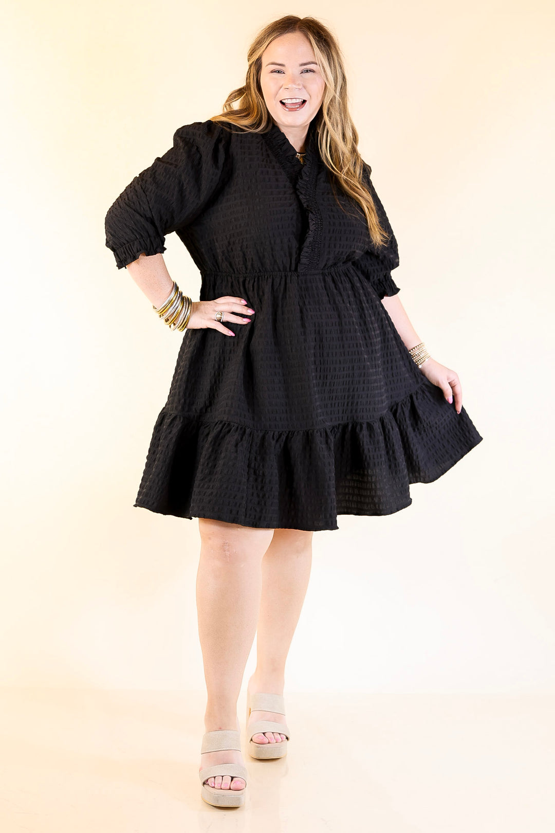 Call Me Captivating Dress with Smocked Waist and Long Sleeves Sleeves in Black