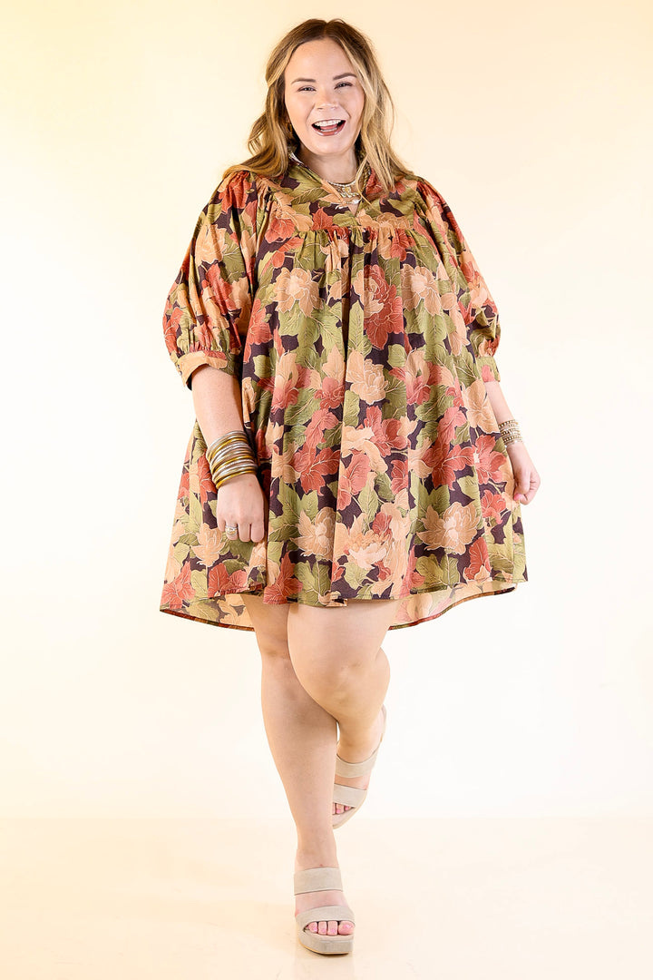 Endless Possibilities Floral Babydoll Dress with Puff Sleeves in Beige, Navy and Rust