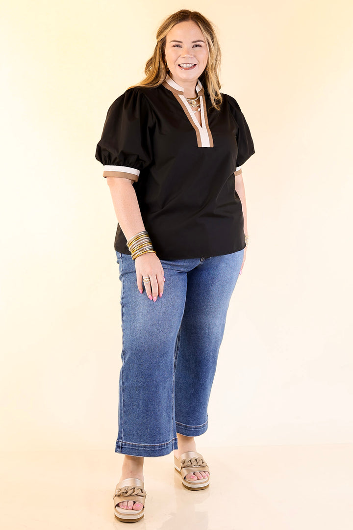 Standout Style V Neck Top with Short Balloon Sleeves and Natural Color Trim in Black