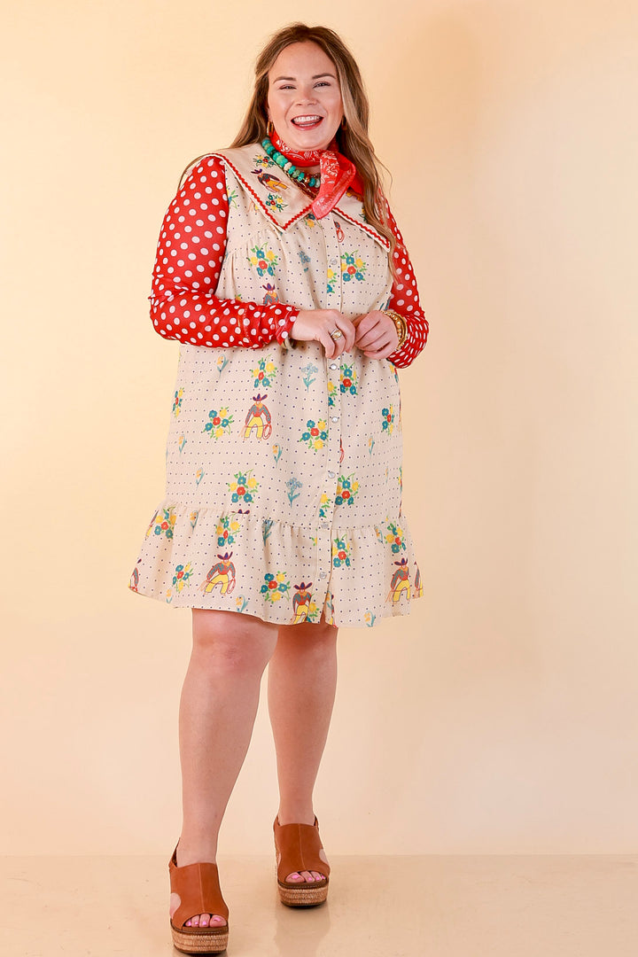 The Showstopper Sleeveless Pearl Snap Cowboy, Floral and Polka Dot Print Ruffle Dress with Sailor Collar and Cowboy Embroidery in Cream