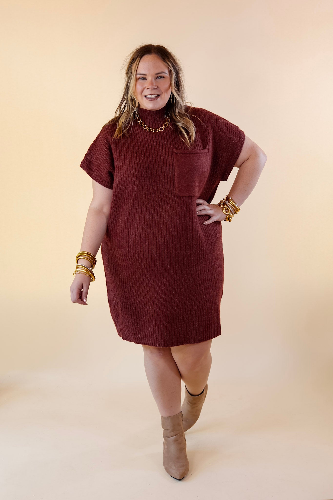 City Sights Cap Sleeve Sweater Dress in Maroon - Giddy Up Glamour Boutique
