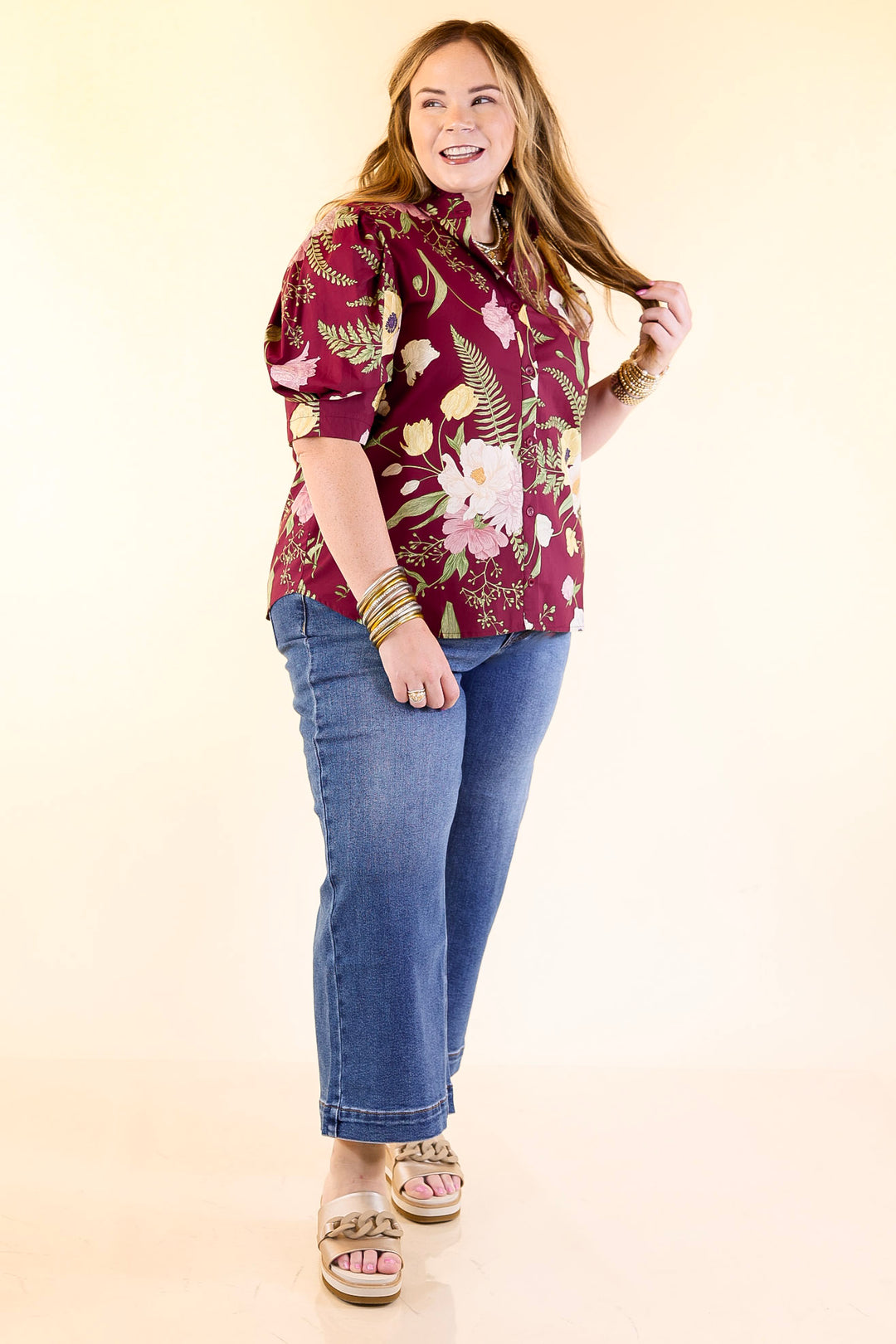First Glance Button Up Puff Sleeve Floral Print Top in Maroon