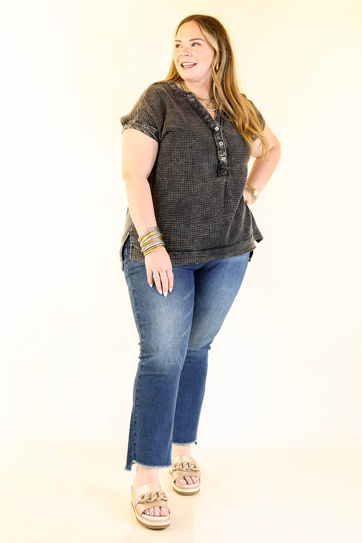 Simple Statement Quarter Button Up Short Drop Sleeve Shirt in Black