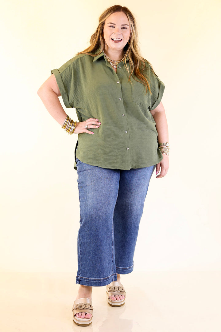 Timeless Appeal Collared Button Up Top in Olive Green