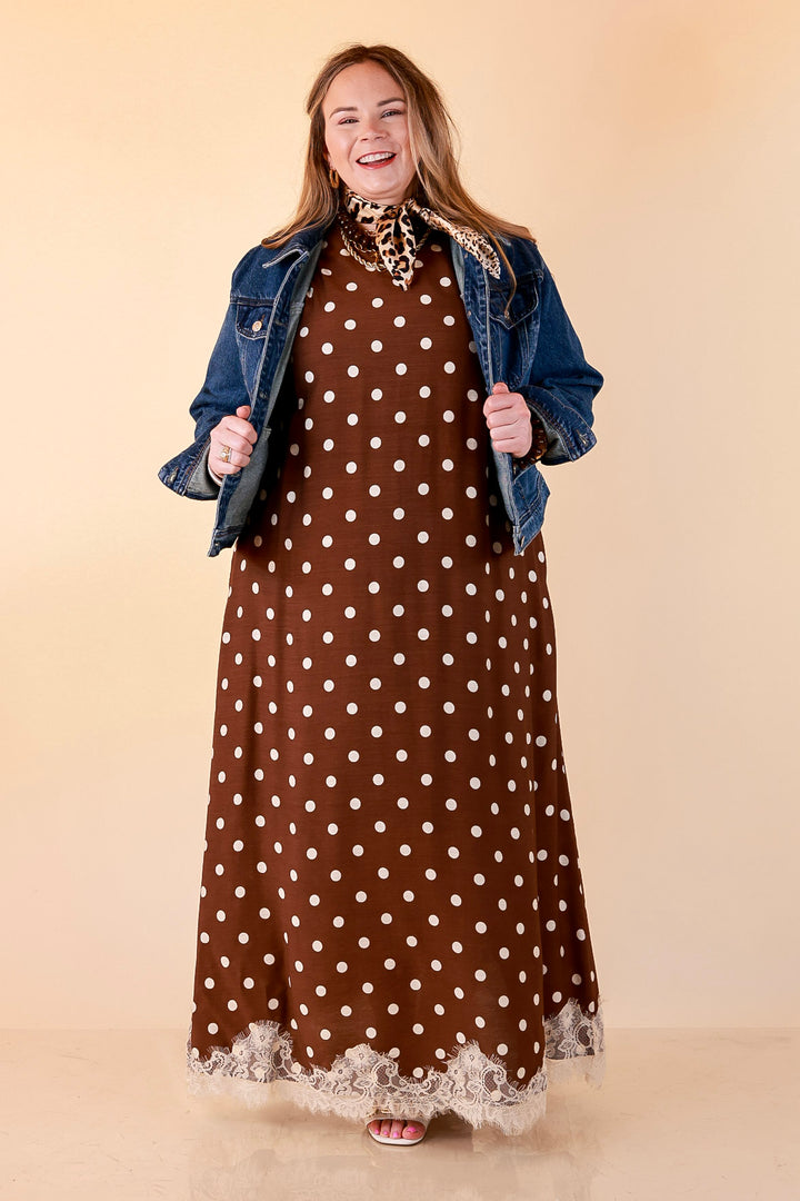 Sweet Little Something Polka Dot Sleeveless Maxi Dress with Lace Trim in Chocolate Brown