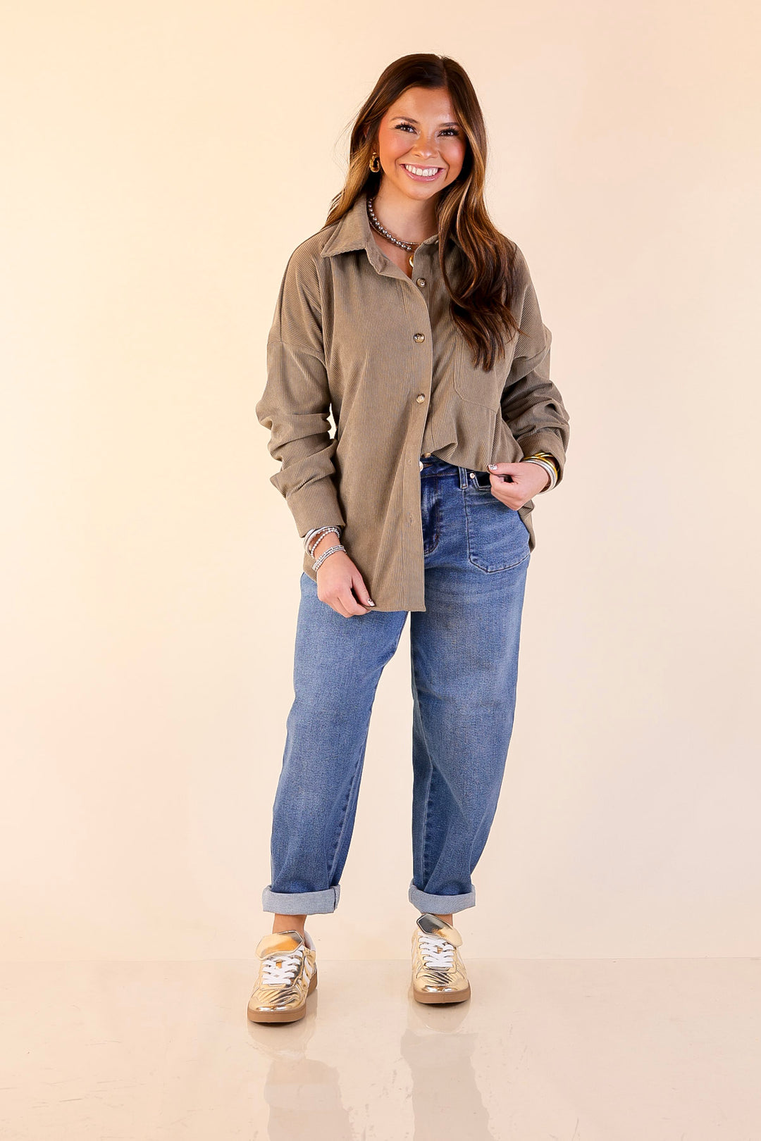 Captivating Cuteness Corduroy Button Up Shacket in Olive Green