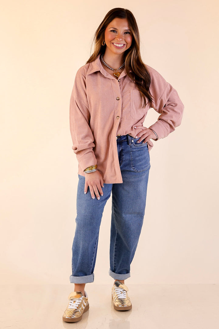 Captivating Cuteness Corduroy Button Up Shacket in Mauve Pink
