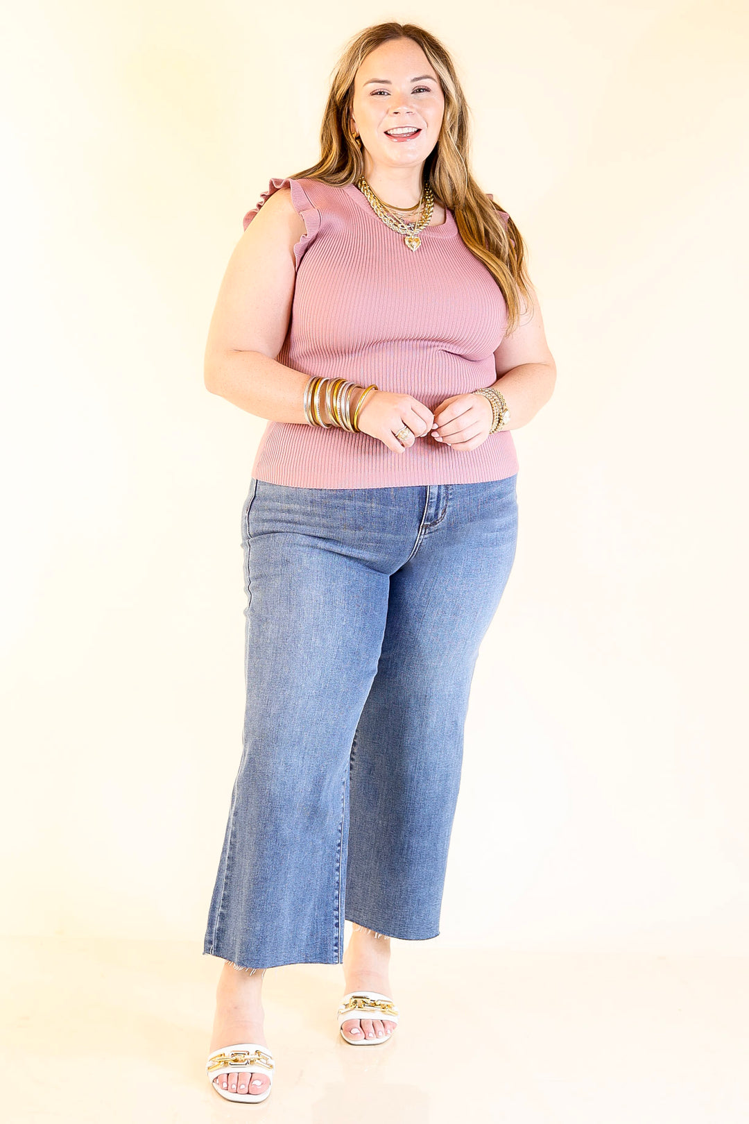 Flirty Frill Scoop Neck Top with Ruffle Sleeves in Mauve Pink