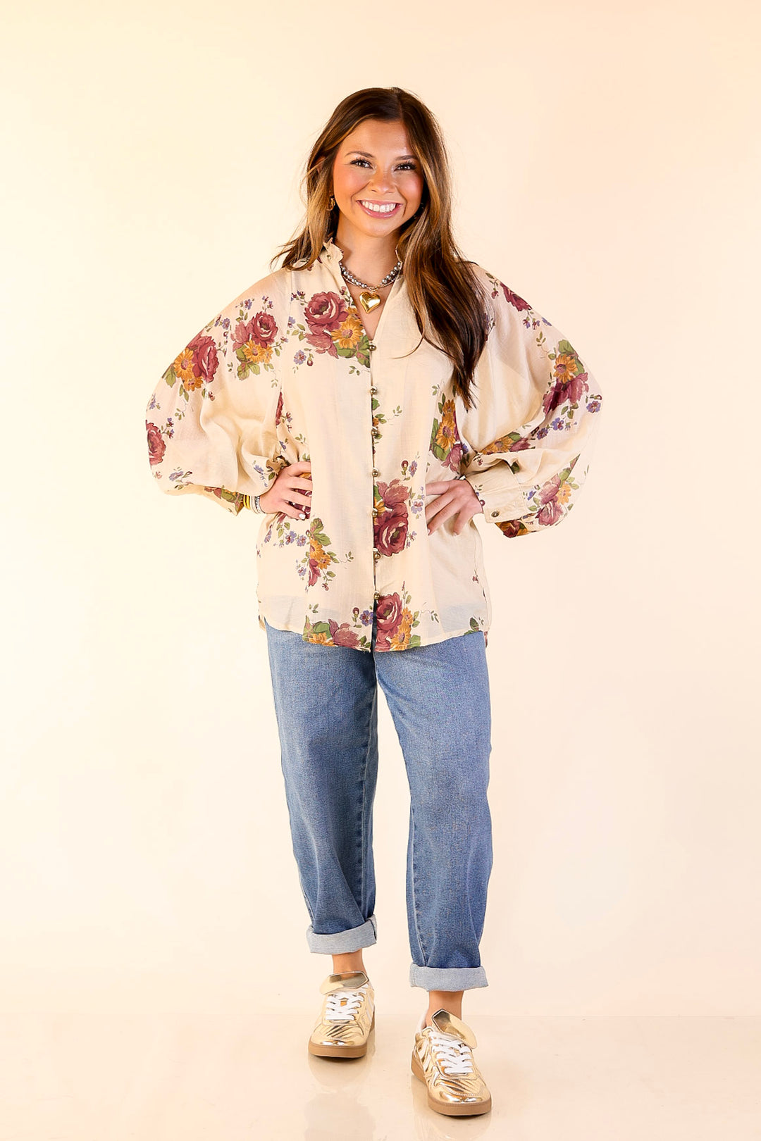 Garden Stroll Floral Long Sleeve Button Down Top in Cream