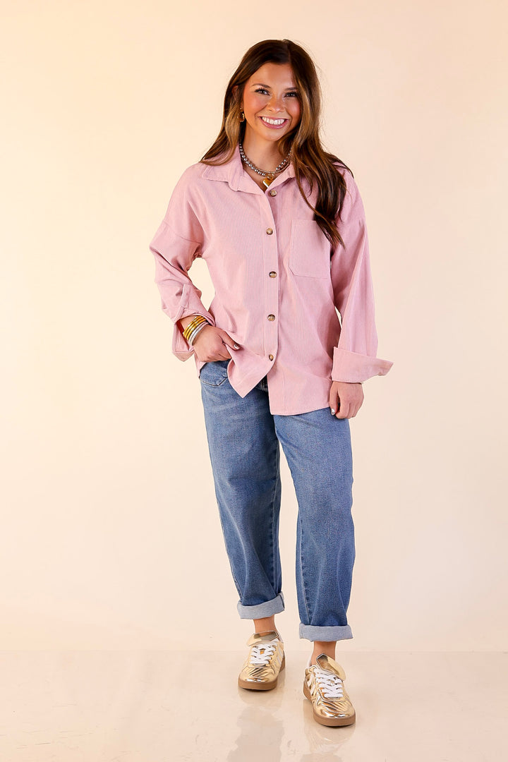 Captivating Cuteness Corduroy Button Up Shacket in Light Pink