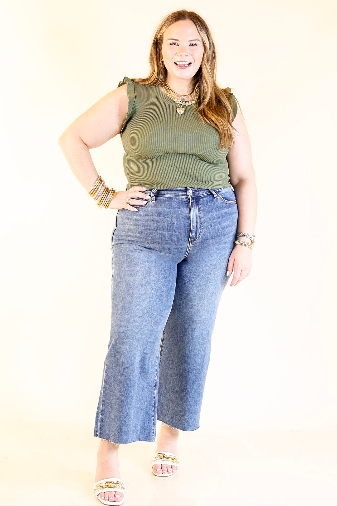 Flirty Frill Scoop Neck Top with Ruffle Sleeves in Olive Green