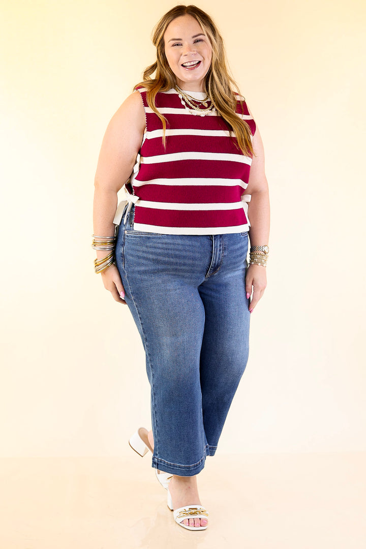 Tied Up in Style Knit Sweater with Side Ties in Maroon with Off White Stripes
