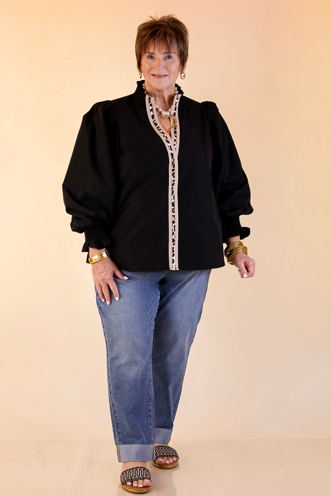 Trimmed in Style Puff Long Sleeve Blouse with Contrast Leopard Trim and Ruffle in Black