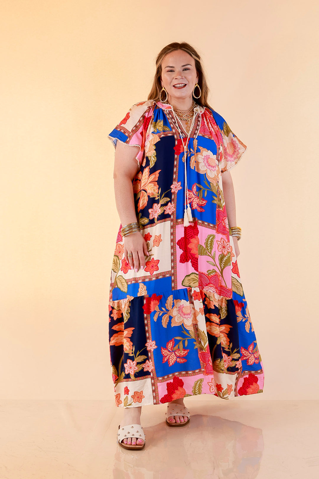 Patchwork Poise Floral Patchwork Print Midi Dress with Tassel Tie Neckline and Flutter Sleeves in Blue Mix