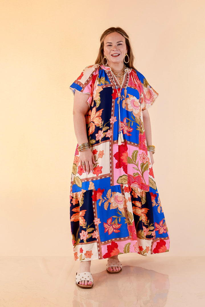 Patchwork Poise Floral Patchwork Print Midi Dress with Tassel Tie Neckline and Flutter Sleeves in Blue Mix